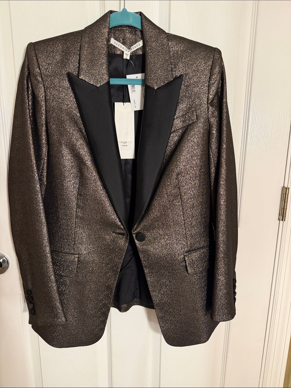 Veronica Beard Bronze Metallic Tuxedo Blazer with Black Satin Lapel